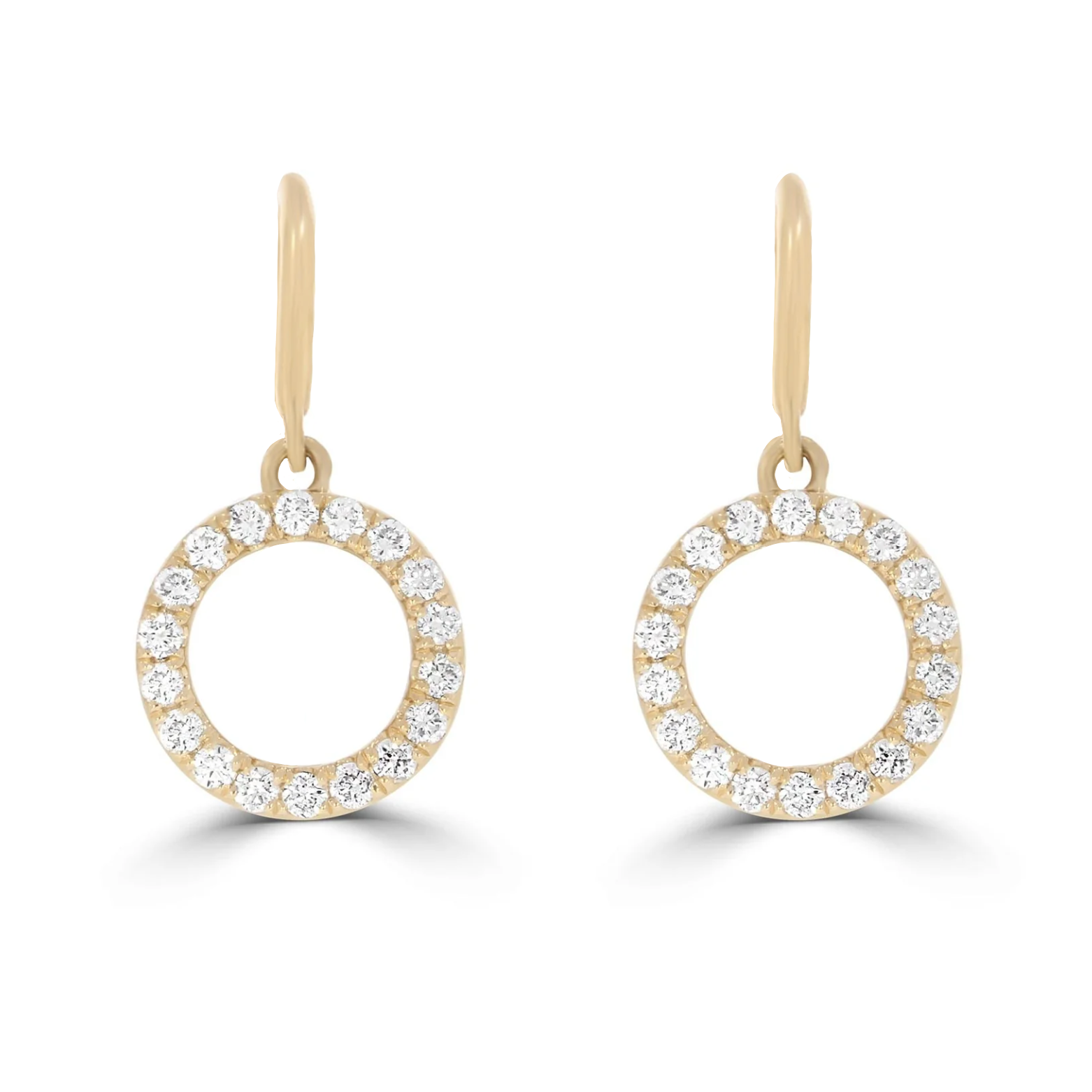 A pair of gold drop earrings featuring round brilliant-cut diamonds