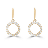 A pair of gold drop earrings featuring round brilliant-cut diamonds