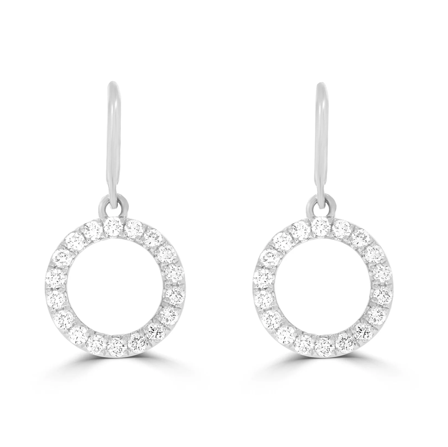 Pair of 18ct gold Hayes drop earrings featuring delicate round brilliant lab-grown diamonds cascading in a round silhouette, set against a white backdrop.