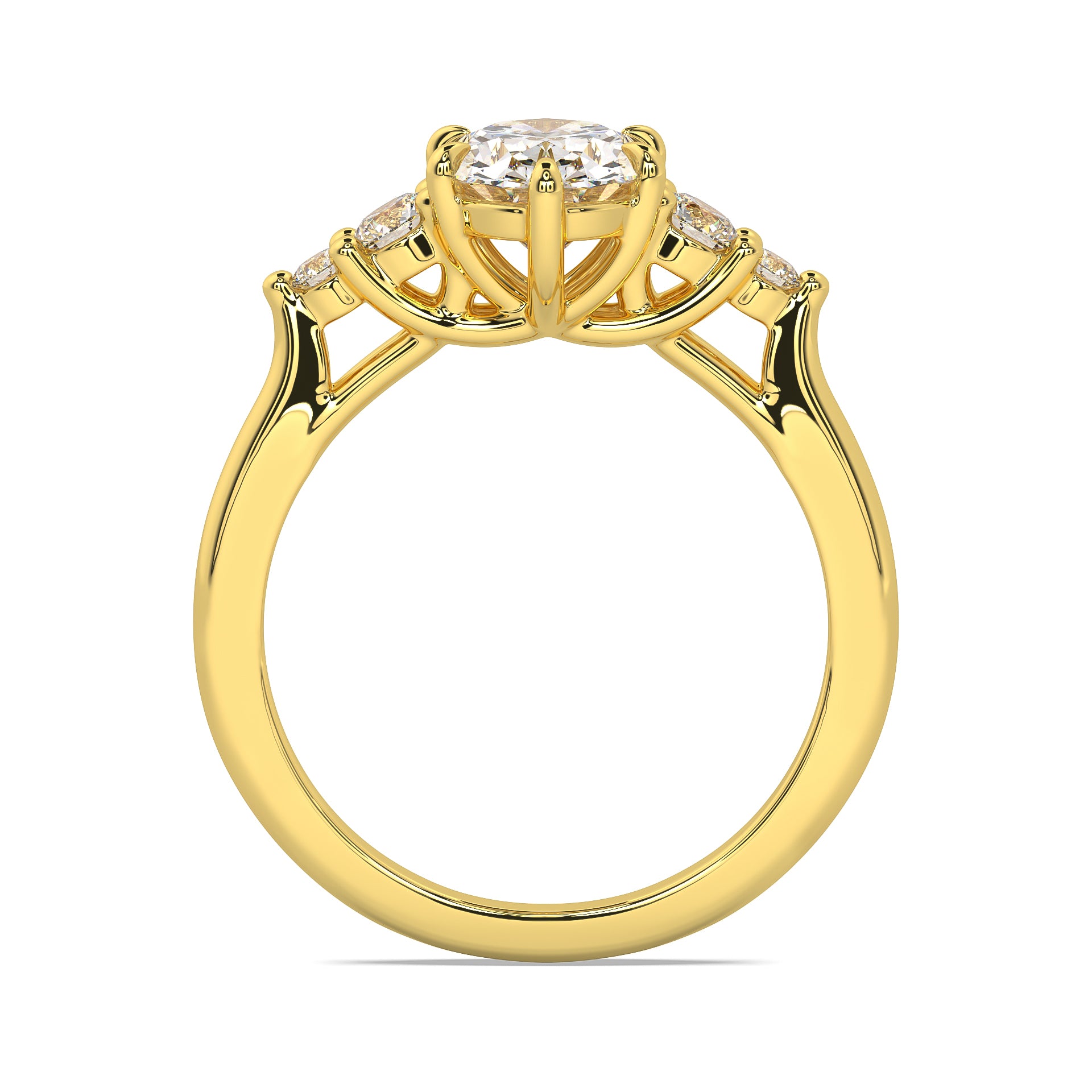 MOHSTEN JEWELLERS - FLORENCE-  OVAL cut diamond cathedral 5 stone engagement ring, yellow gold,  side view