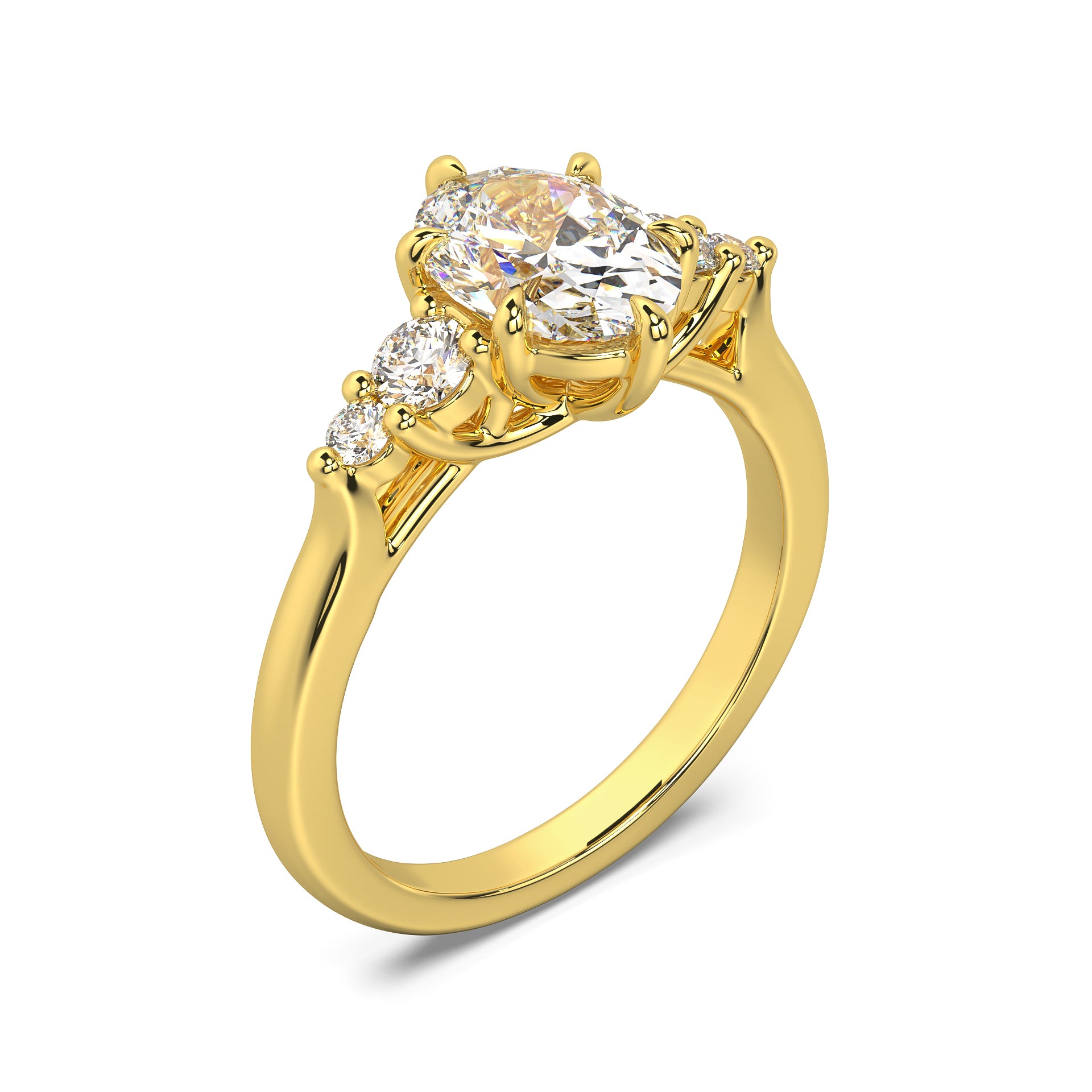 MOHSTEN JEWELLERS - FLORENCE-  OVAL cut diamond cathedral 5 stone engagement ring, yellow gold,  top side view