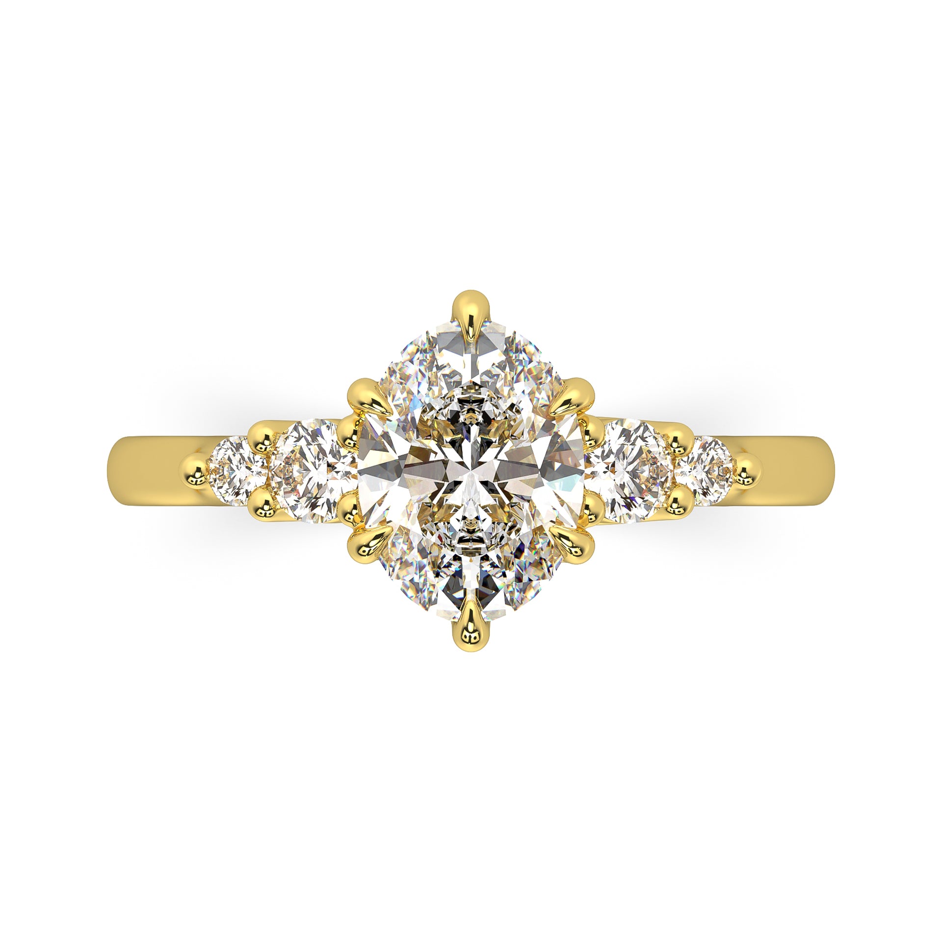 MOHSTEN JEWELLERS - FLORENCE-  OVAL cut diamond cathedral 5 stone engagement ring, yellow gold,  top view 1