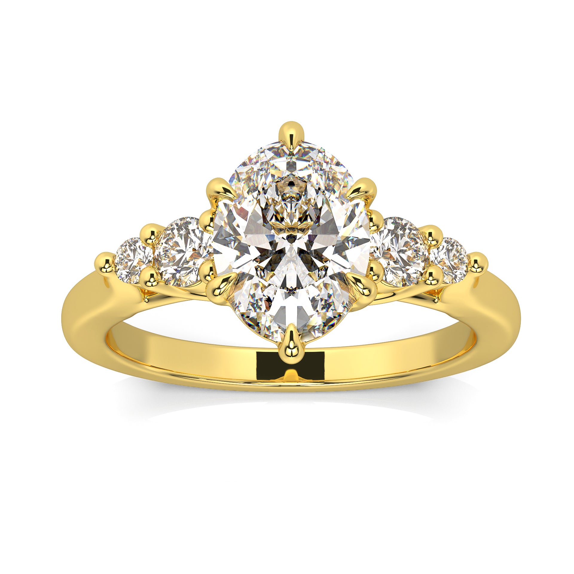 MOHSTEN JEWELLERS - FLORENCE-  OVAL cut diamond cathedral 5 stone engagement ring, yellow gold,  top view 2