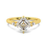MOHSTEN JEWELLERS - Kashan-  asscher cut diamond cathedral trilogy pear side stone engagement ring, YELLOW gold,  top view 