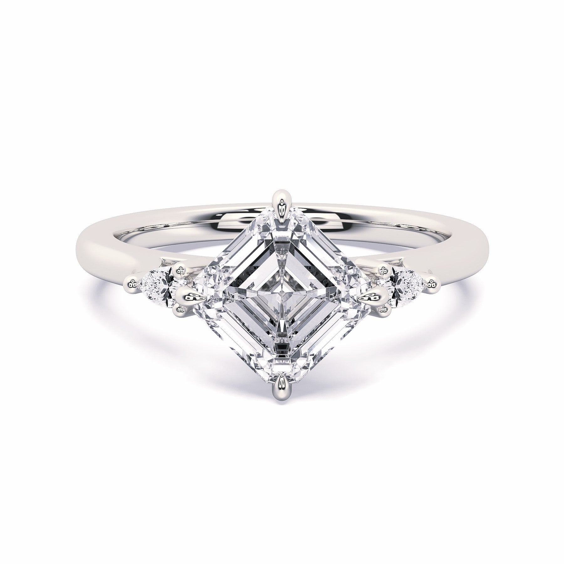 MOHSTEN JEWELLERS - Kashan-  asscher cut diamond cathedral trilogy pear side stone engagement ring, white gold,  top view 