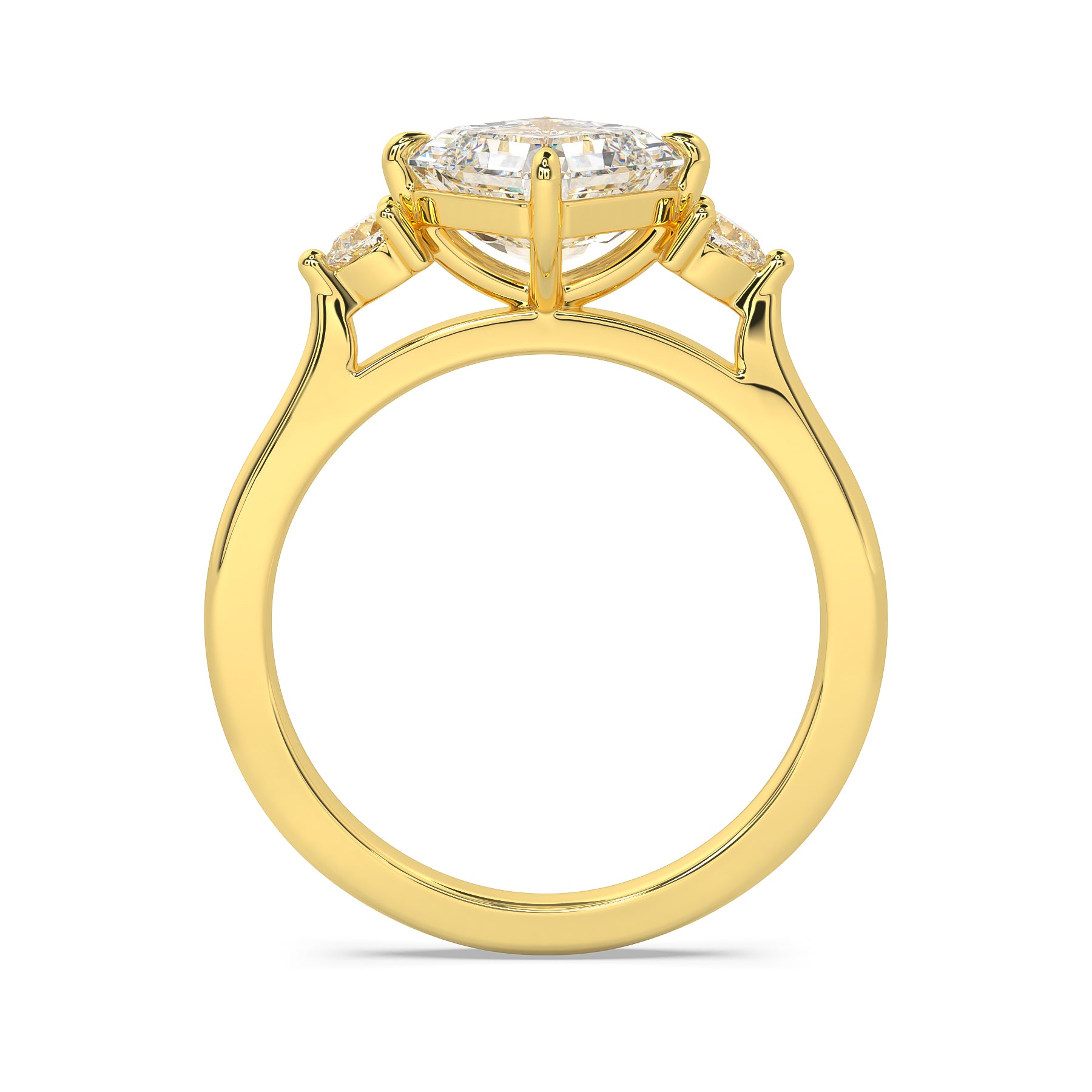 MOHSTEN JEWELLERS - Kashan-  asscher cut diamond cathedral trilogy pear side stone engagement ring, yellow gold,  side view 