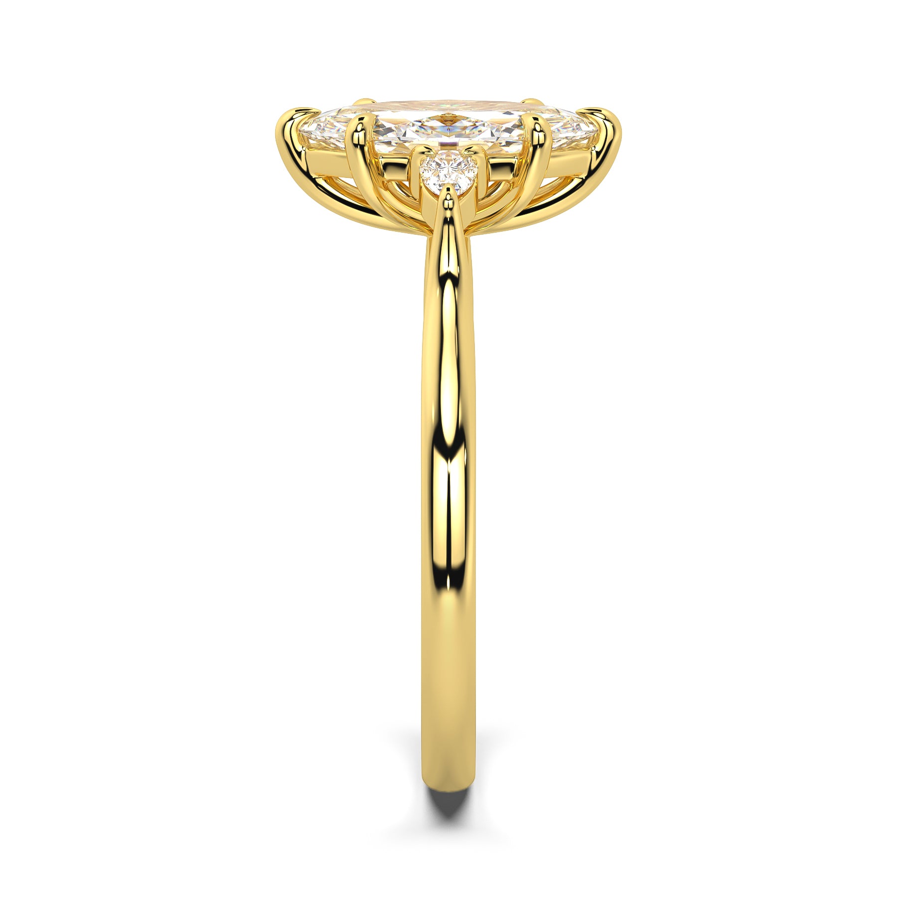 MOHSTEN JEWELLERS - Kashan-  marquise cut diamond cathedral trilogy pear side stone engagement ring, white gold,  side  view