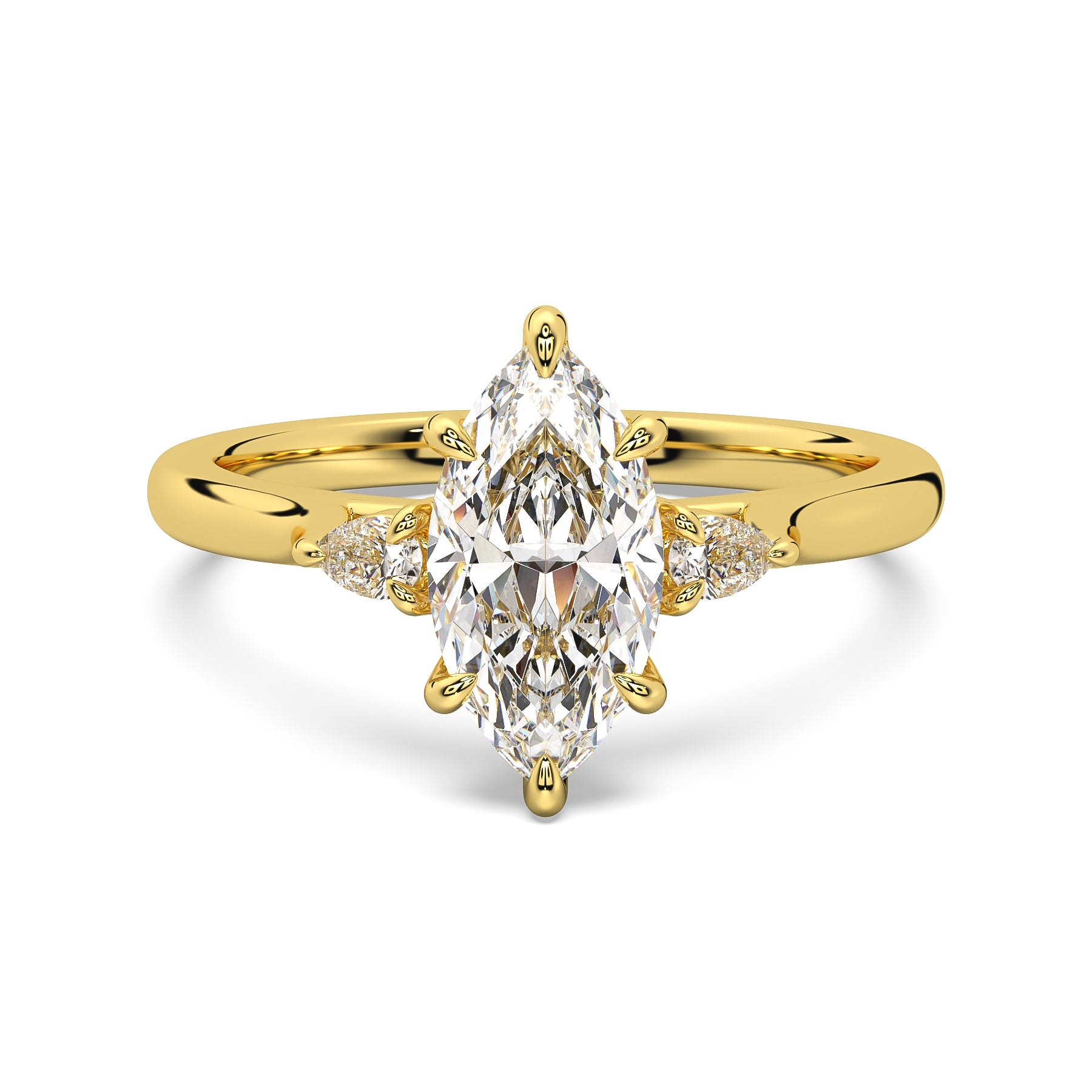 MOHSTEN JEWELLERS - Kashan-  marquise cut diamond cathedral trilogy pear side stone engagement ring, yellow gold,  top view