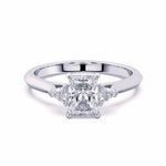 MOHSTEN JEWELLERS - Monaco -  radiant cut diamond cathedral trilogy trillion side stone engagement ring, white gold,  top view