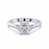 MOHSTEN JEWELLERS - Monaco -  radiant cut diamond cathedral trilogy trillion side stone engagement ring, white gold,  top view