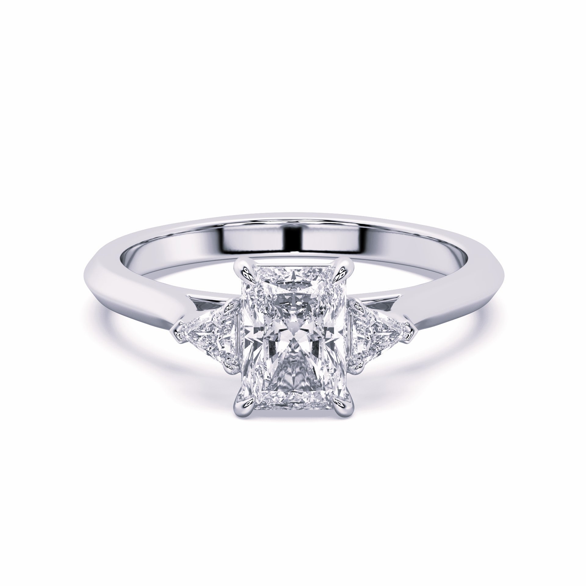 MOHSTEN JEWELLERS - Monaco -  radiant cut diamond cathedral trilogy trillion side stone engagement ring, white gold,  top view