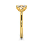 MOHSTEN JEWELLERS - Monaco -  radiant cut diamond cathedral trilogy trillion side stone engagement ring, yellow gold, side  view