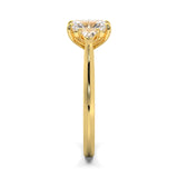 MOHSTEN JEWELLERS - Monaco -  radiant cut diamond cathedral trilogy trillion side stone engagement ring, yellow gold, side  view