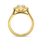 MOHSTEN JEWELLERS - Monaco -  radiant cut diamond cathedral trilogy trillion side stone engagement ring, yellow gold,  through finger view