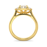 MOHSTEN JEWELLERS - Monaco -  radiant cut diamond cathedral trilogy trillion side stone engagement ring, yellow gold,  through finger view