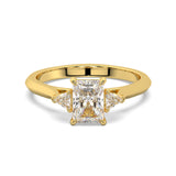 MOHSTEN JEWELLERS - Monaco -  radiant cut diamond cathedral trilogy trillion side stone engagement ring, yellow gold,  top view