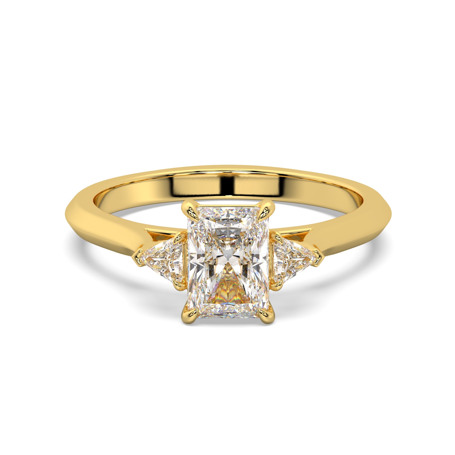 MOHSTEN JEWELLERS - Monaco -  radiant cut diamond cathedral trilogy trillion side stone engagement ring, yellow gold,  top view