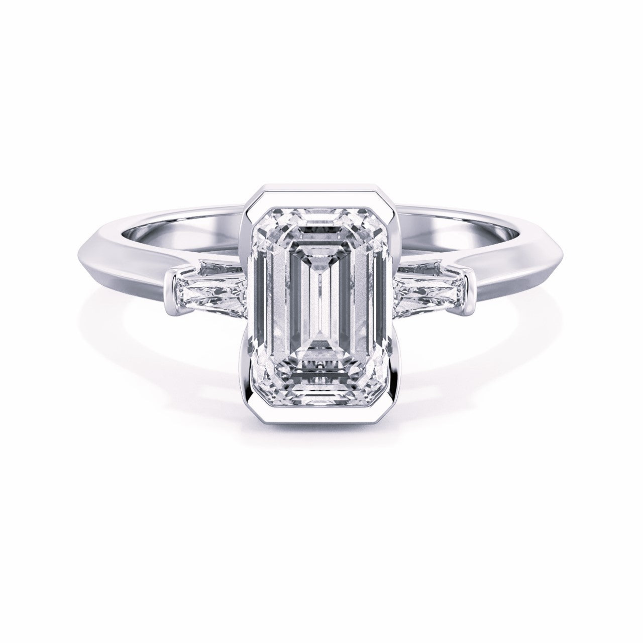 MOHSTEN JEWELLERS - Montreux -  half bezel emerald cut diamond cathedral trilogy tapered baguette engagement ring, white gold,  top view