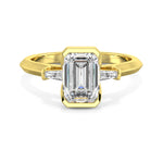 MOHSTEN JEWELLERS - Montreux -  half bezel emerald cut diamond cathedral trilogy tapered baguette engagement ring, yellow gold,  top view