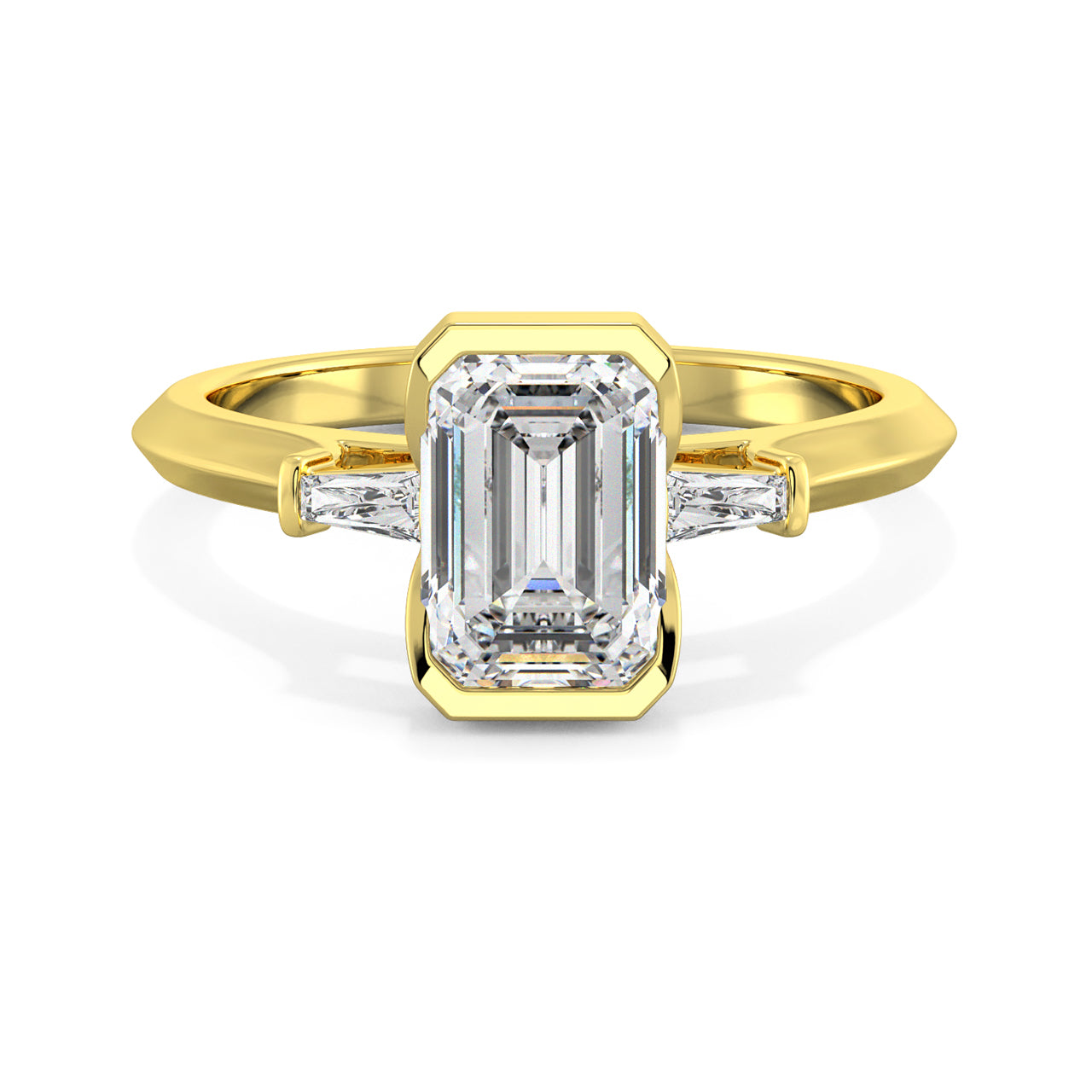 MOHSTEN JEWELLERS - Montreux -  half bezel emerald cut diamond cathedral trilogy tapered baguette engagement ring, yellow gold,  top view