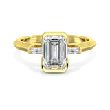 MOHSTEN JEWELLERS - Montreux -  half bezel emerald cut diamond cathedral trilogy tapered baguette engagement ring, yellow gold,  top view