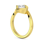 MOHSTEN JEWELLERS - OSLO - sweeping bezel off set cushion diamond solitaire engagement ring, yellow gold, side angle view