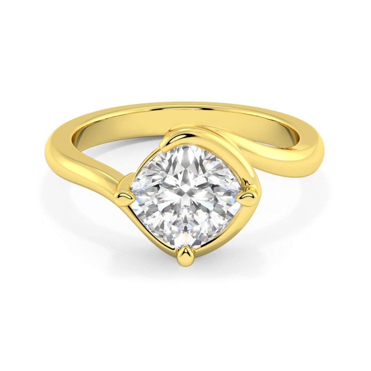 MOHSTEN JEWELLERS - OSLO - sweeping bezel off set cushion diamond solitaire engagement ring, yellow gold, top view