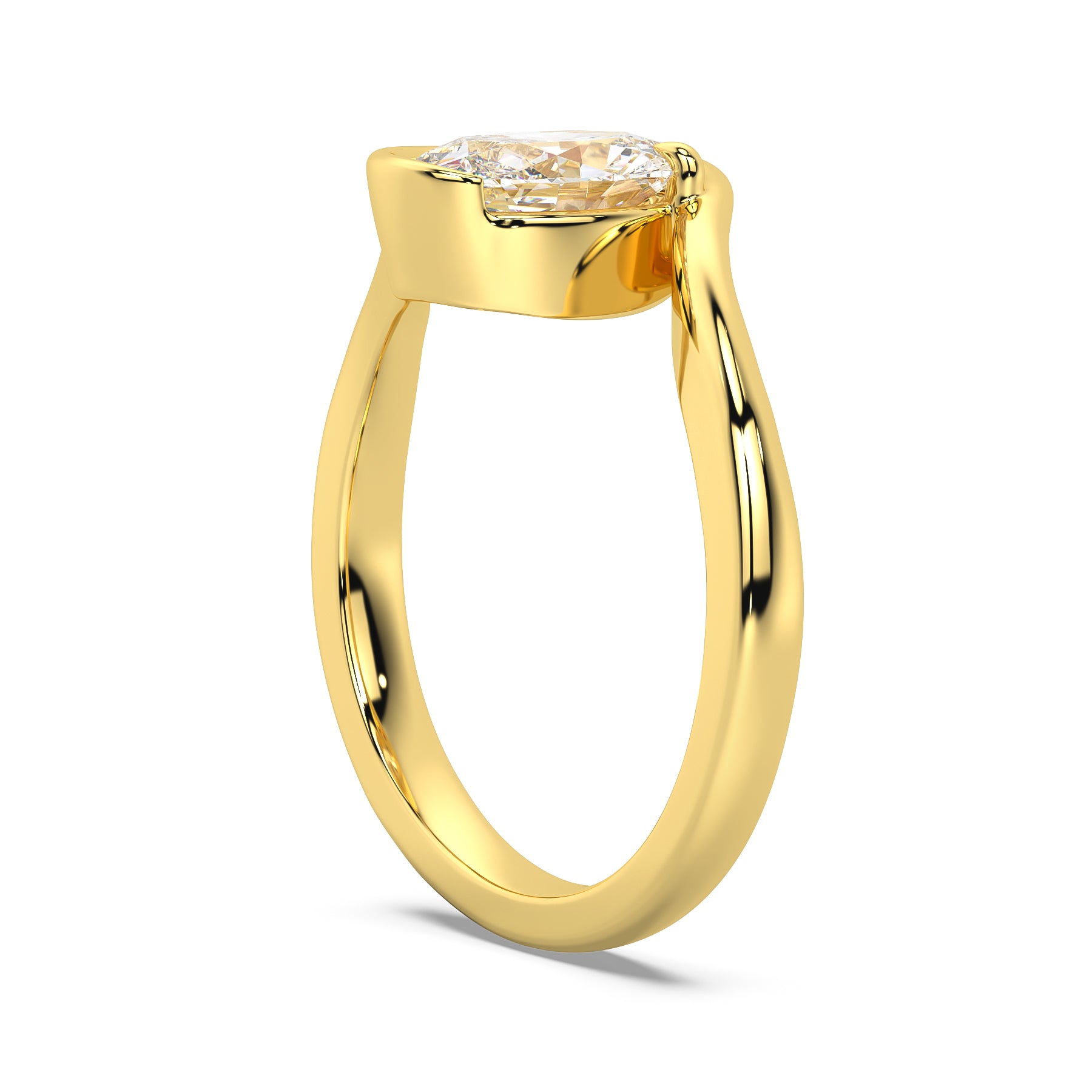 MOHSTEN JEWELLERS - OSLO - sweeping bezel oval diamond solitaire engagement ring, yellow gold,  side angle view