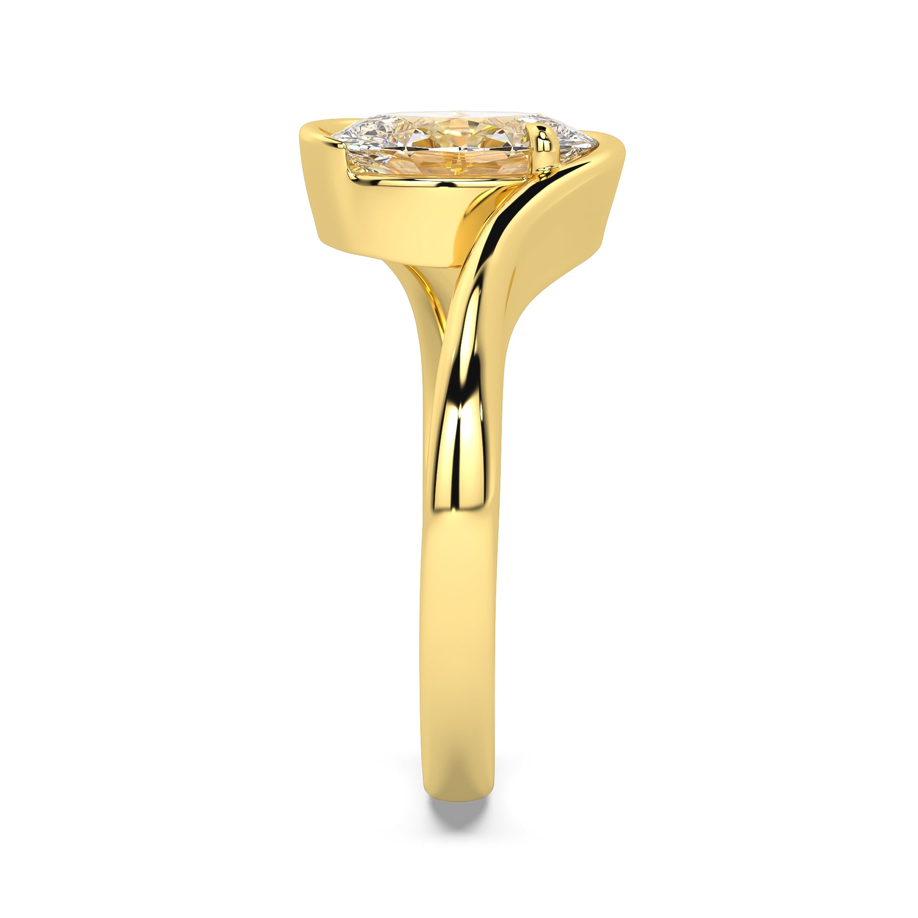 MOHSTEN JEWELLERS - OSLO - sweeping bezel oval diamond solitaire engagement ring, yellow gold,  side view