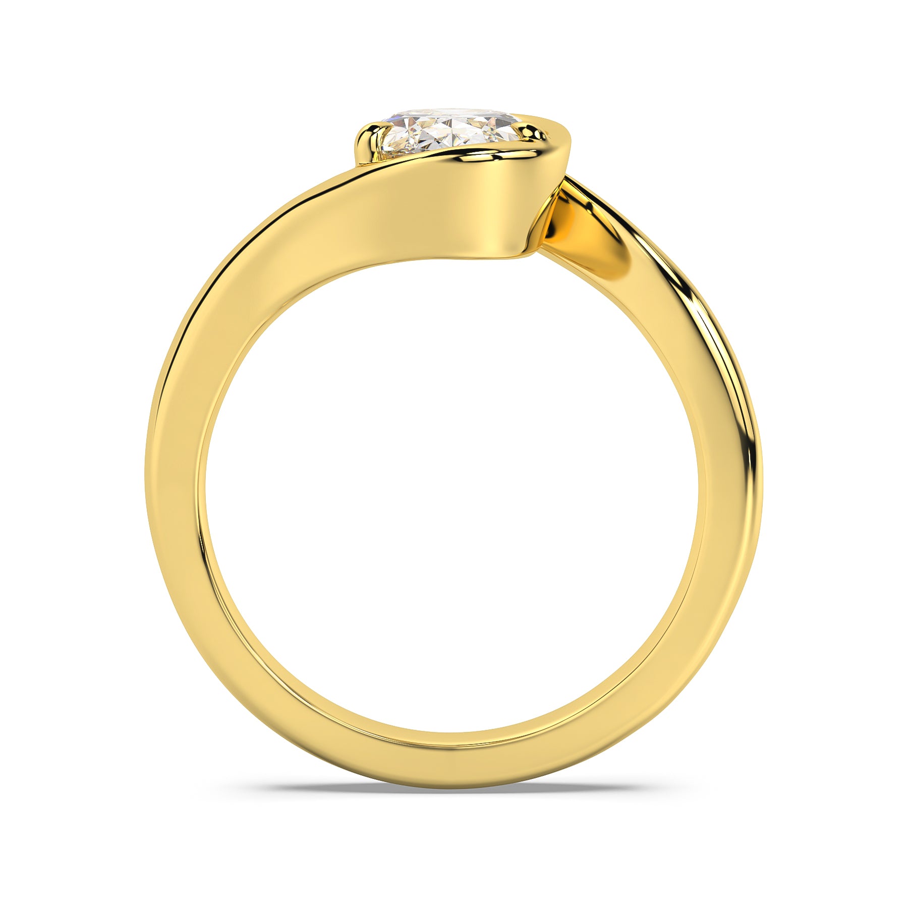 MOHSTEN JEWELLERS - OSLO - sweeping bezel oval diamond solitaire engagement ring, yellow gold, through finger view