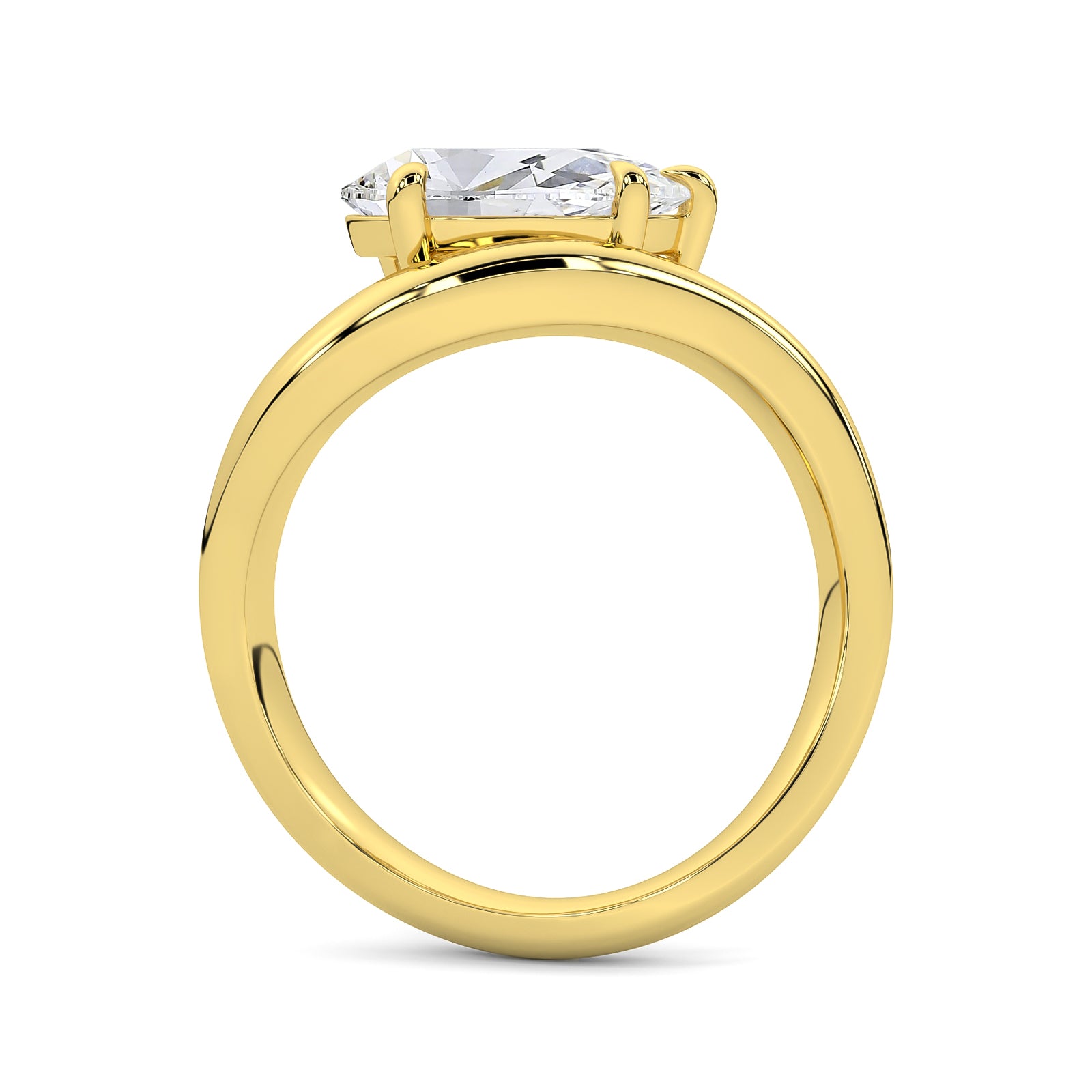 MOHSTEN JEWELLERS - VENICE - 5 claw pear diamond solitaire engagement ring with a swept band. yellow gold, through finger view