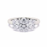 MOHSTEN JEWELLERS - sydney-  half oval cut diamond cathedral trilogy oval side stone engagement ring, two tone, white gold,  top view