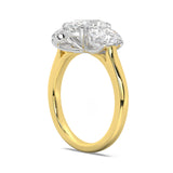 MOHSTEN JEWELLERS - sydney-  half oval cut diamond cathedral trilogy oval side stone engagement ring, two tone, yellow gold,  side angle  view