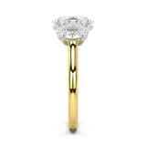 MOHSTEN JEWELLERS - sydney-  half oval cut diamond cathedral trilogy oval side stone engagement ring, two tone, yellow gold,  side view