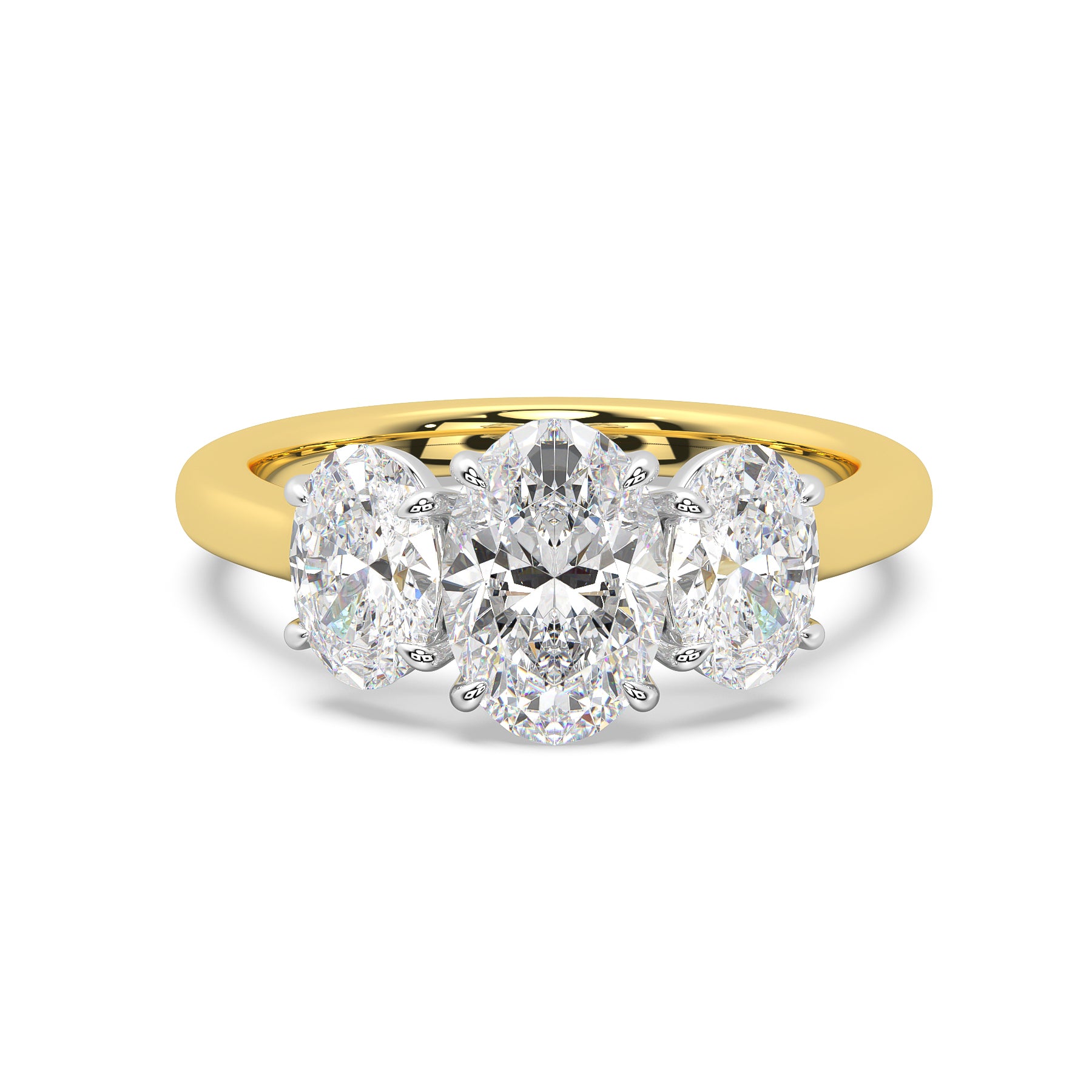 MOHSTEN JEWELLERS - sydney-  half oval cut diamond cathedral trilogy oval side stone engagement ring, two tone, yellow gold,  top view