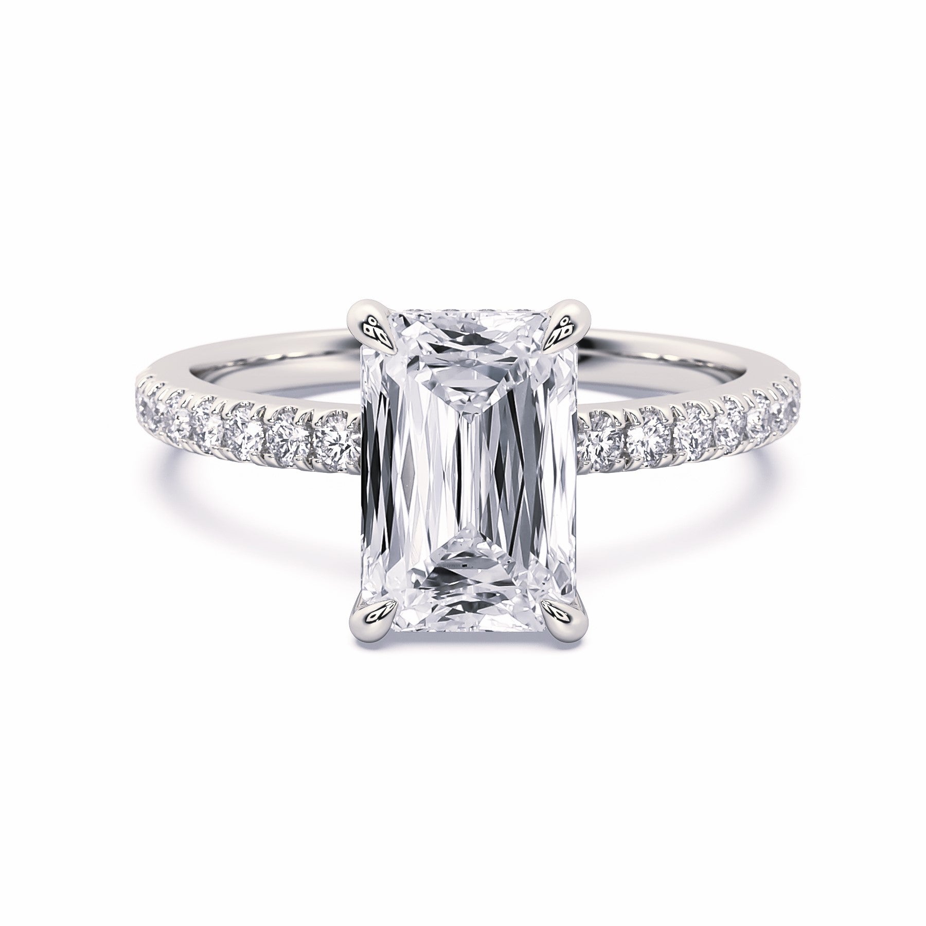 MOHSTEN JEWELLERS, Aspen criss cut diamond solitaire engagement ring with diamond band and hidden halo, , white gold, top view