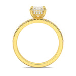 MOHSTEN JEWELLERS, Aspen criss cut diamond solitaire engagement ring with diamond band and hidden halo, , yellow gold, through finger view
