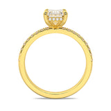 MOHSTEN JEWELLERS, Aspen criss cut diamond solitaire engagement ring with diamond band and hidden halo, , yellow gold, through finger view