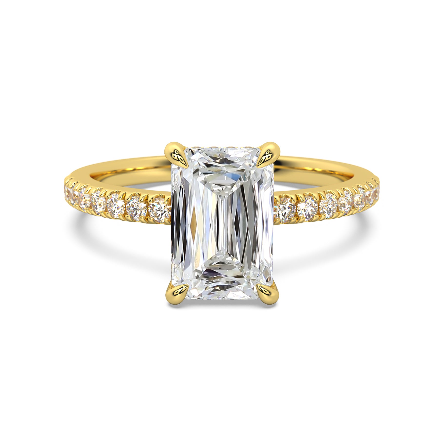 MOHSTEN JEWELLERS, Aspen criss cut diamond solitaire engagement ring with diamond band and hidden halo, , yellow gold, top view