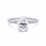 MOHSTEN JEWELLERS, Aspen oval diamond solitaire engagement ring with diamond band and hidden halo, , white gold, front view