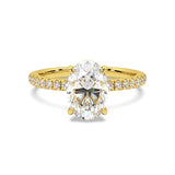 MOHSTEN JEWELLERS, Aspen oval diamond solitaire engagement ring with diamond band and hidden halo, , yellow gold, front view