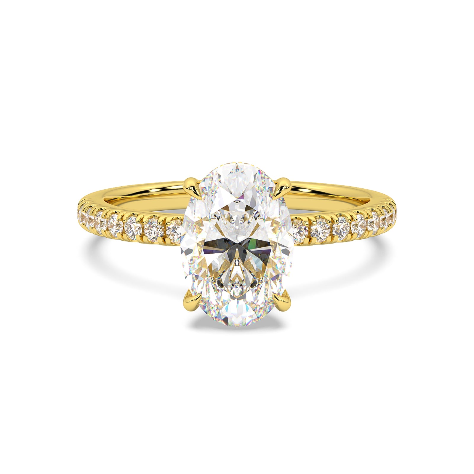 MOHSTEN JEWELLERS, Aspen oval diamond solitaire engagement ring with diamond band and hidden halo, , yellow gold, front view