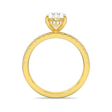 MOHSTEN JEWELLERS, Aspen oval diamond solitaire engagement ring with diamond band and hidden halo, , yellow gold, through finger view
