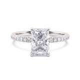 MOHSTEN JEWELLERS, Aspen radiant diamond solitaire engagement ring with diamond band and hidden halo, , white gold, front view