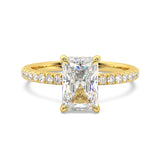 MOHSTEN JEWELLERS, Aspen radiant diamond solitaire engagement ring with diamond band and hidden halo, , yellow gold, front view