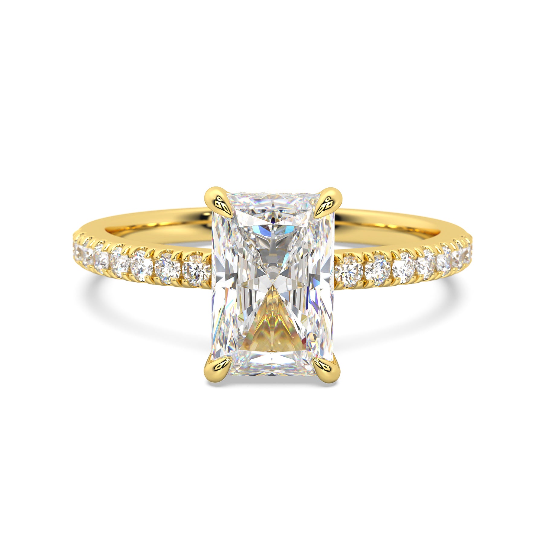 MOHSTEN JEWELLERS, Aspen radiant diamond solitaire engagement ring with diamond band and hidden halo, , yellow gold, front view