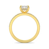 MOHSTEN JEWELLERS, Aspen radiant diamond solitaire engagement ring with diamond band and hidden halo, , yellow gold, through finger view