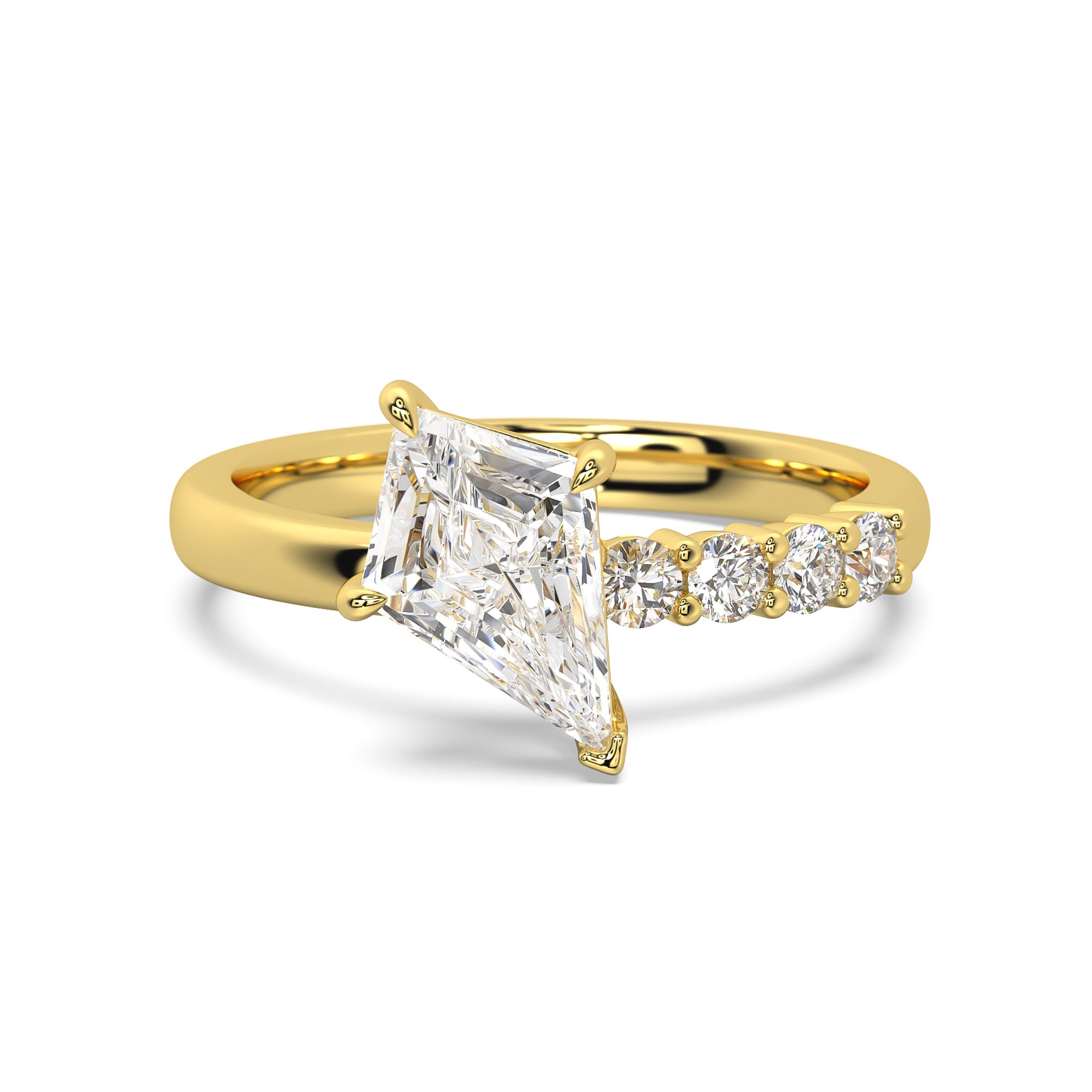 MOHSTEN JEWELLERS, MARBELLA off-set kite diamond solitaire engagement ring - yellow gold - top view  
