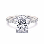 MOHSTEN JEWELLERS, Manilla elonated cushion cut diamond four claw solitaire with diamond band engagement ring , white gold, top view