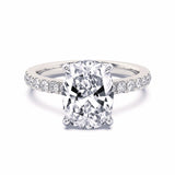 MOHSTEN JEWELLERS, Manilla elonated cushion cut diamond four claw solitaire with diamond band engagement ring , white gold, top view